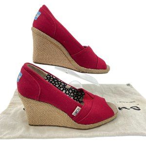 Toms Red Canvas Open Toe Wedges | Size 5.5